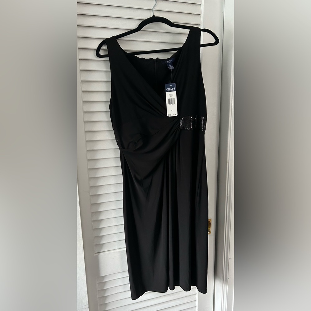 NWT CHAPS LITTLE BLACK DRESS WITH RHINESTONE WAIST SIZE L. Great for holidays!